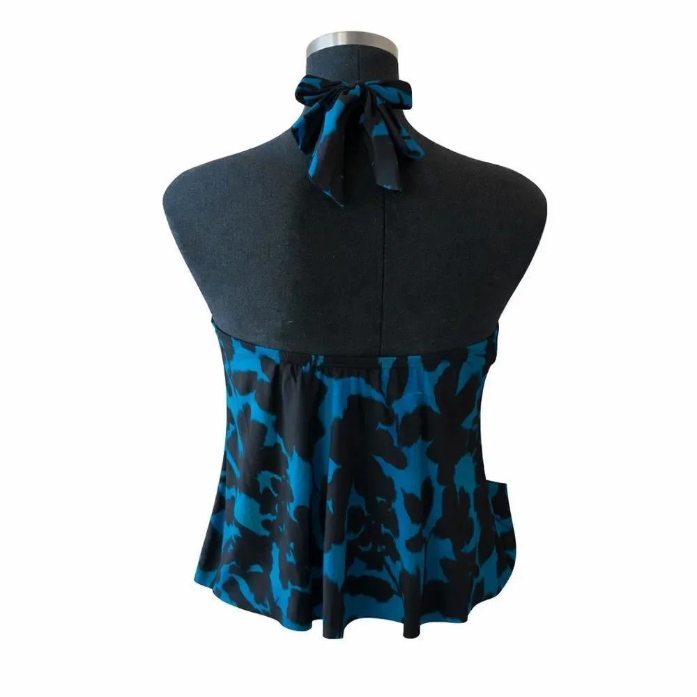 Land's End tankini top deep teal black abstract floral motif halter soft cup 10 - Picture 4 of 12